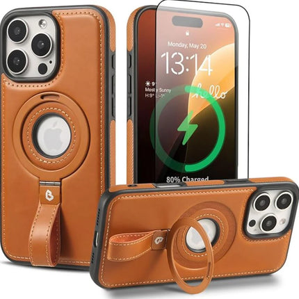 iPhone 16 Pro Max Black Leather Case with Grip Loop – MagSafe Compatible, Rotary Support. Shockproof Protection.
