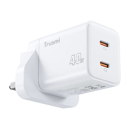 TRUSMI PD40W 2C GaN Fast Charger CH25-02 – USB-C Dual Port Quick Charge – US Plug – Compact & Portable – White