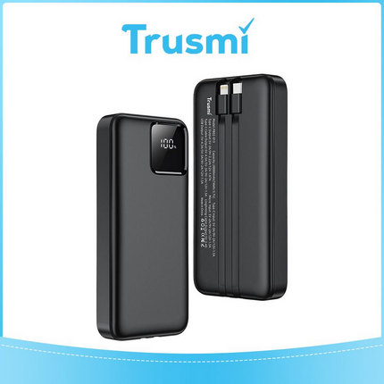 TRUSMI PB02-013 20000mAh Power Bank | 22.5W Fast Charging | Built-in iPhone & Type-C Cables | Digital Display – Black