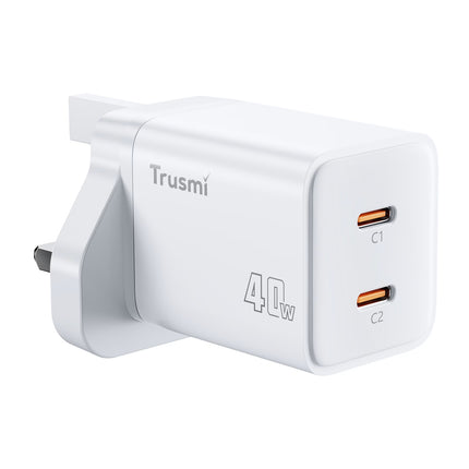 TRUSMI PD40W 2C GaN Fast Charger CH25-02 – USB-C Dual Port Quick Charge – US Plug – Compact & Portable – White