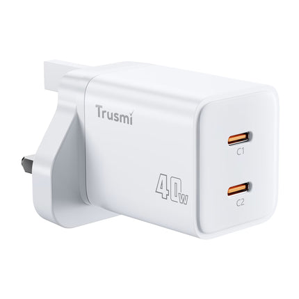 TRUSMI PD40W 2C GaN Fast Charger CH25-02 – USB-C Dual Port Quick Charge – US Plug – Compact & Portable – White