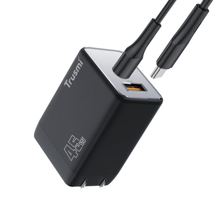 TRUSMI PD45W Mini GaN Fast Charger CH06-049 – USB-C + USB-A Ports – Compact Wall Adapter with 60W USB-C to USB-C Cable – High-Speed Charging for Laptops, Tablets & Smartphones – Black