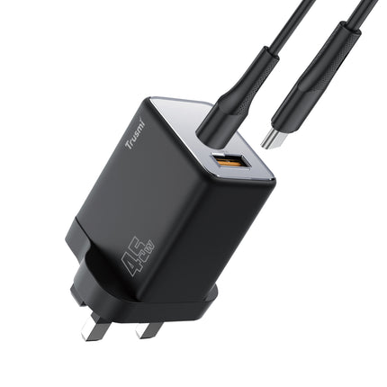 TRUSMI PD45W Mini GaN Fast Charger CH06-049 – USB-C + USB-A Ports – Compact Wall Adapter with 60W USB-C to USB-C Cable – High-Speed Charging for Laptops, Tablets & Smartphones – Black