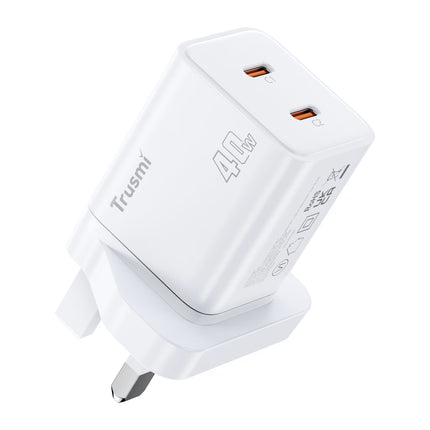 TRUSMI PD40W 2C GaN Fast Charger CH25-02 – USB-C Dual Port Quick Charge – US Plug – Compact & Portable – White
