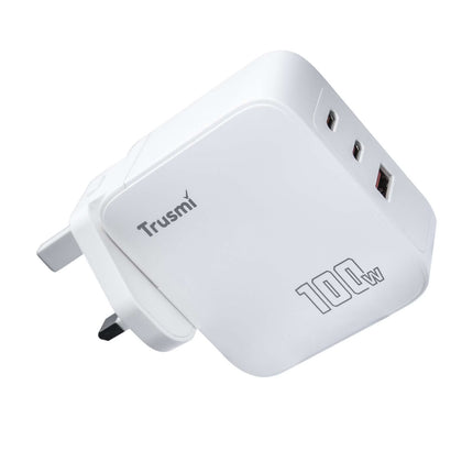 TRUSMI 100W PD Fast Charger, CH22-02 GaN 2 USB-C + 1 USB-A, UK Plug – White