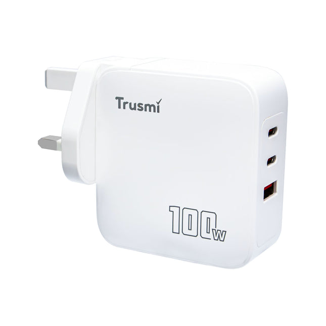 TRUSMI 100W PD Fast Charger, CH22-02 GaN 2 USB-C + 1 USB-A, UK Plug – White