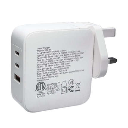 TRUSMI 100W PD Fast Charger, CH22-02 GaN 2 USB-C + 1 USB-A, UK Plug – White