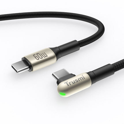 60W USB-C to USB-C Angled LED Zinc Alloy Braided Cable TRUSMI CA49-11 –– 1m – Black