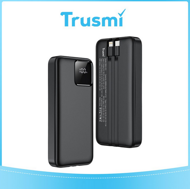 TRUSMI PB02-013 20000mAh Power Bank | 22.5W Fast Charging | Built-in iPhone & Type-C Cables | Digital Display – Black