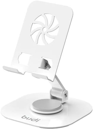 BUDI 360° Rotation Folding Metal Phone Holder Adjustable Stand for 4”–12.9” Devices Anti-Slip Silicone Base