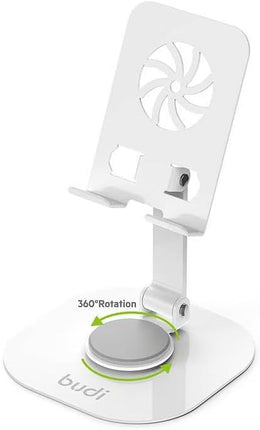 BUDI 360° Rotation Folding Metal Phone Holder Adjustable Stand for 4”–12.9” Devices Anti-Slip Silicone Base
