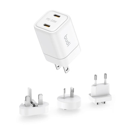 Budi Plugs PD33W Dual USB C PD GAN Mini Global Travel Charger AC016RSW