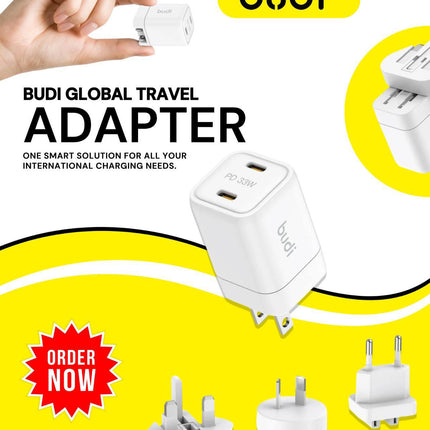 Budi Plugs PD33W Dual USB C PD GAN Mini Global Travel Charger AC016RSW
