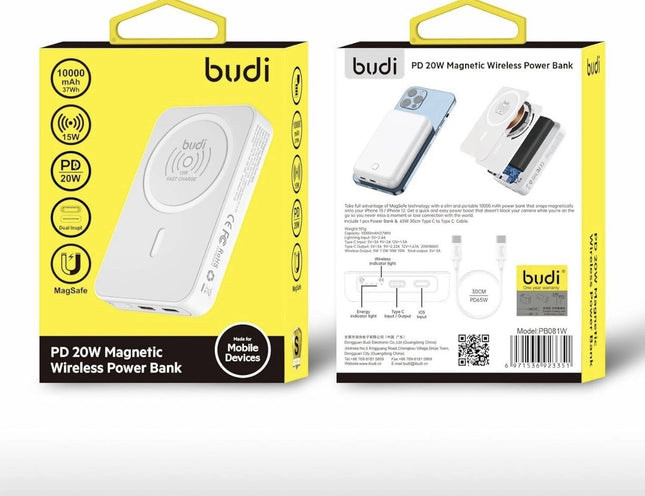 Budi PD 20W Magnetic Wireless Power Bank with 15W Wireless Charge and Dual Input