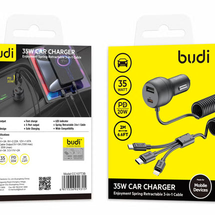 Budi Car Charger 3 in 1 + USB To T.C Car Charger CC107T3B