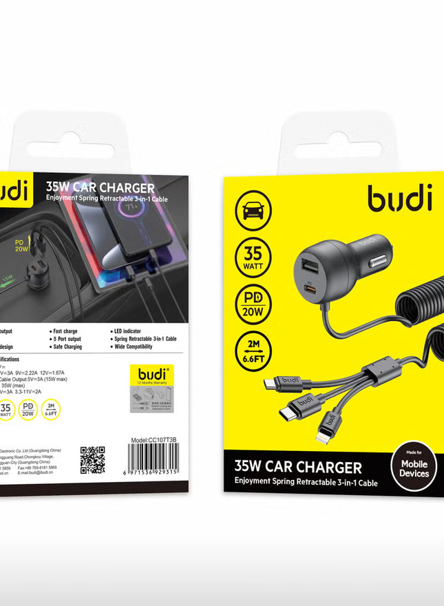 Budi Car Charger 3 in 1 + USB To T.C Car Charger CC107T3B