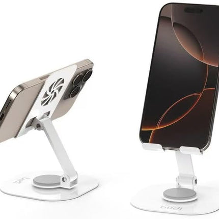 BUDI 360° Rotation Folding Metal Phone Holder Adjustable Stand for 4”–12.9” Devices Anti-Slip Silicone Base