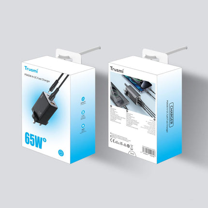 TRUSMI PD65W Mini GaN Fast Charger CH05-046 A+2C with 60W USB-C to USB-C Cable – Compact Wall Adapter for Laptop, Phone & Tablet