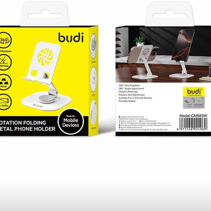 BUDI 360° Rotation Folding Metal Phone Holder Adjustable Stand for 4”–12.9” Devices Anti-Slip Silicone Base