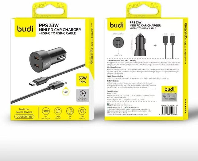 Budi Car Charger Dual T.C Car Charger + C to C Cable CC622RTTB