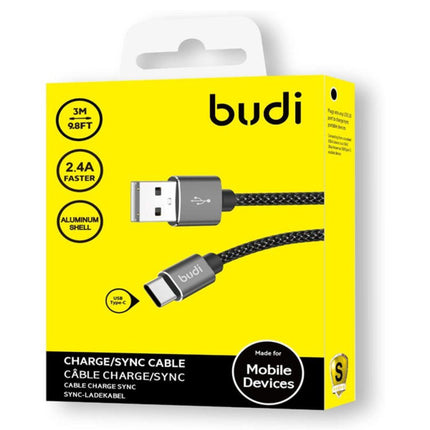 Budi Cable 2.4A Budi 3M Aluminum Shell Braided Cable USB To C DC206T30B
