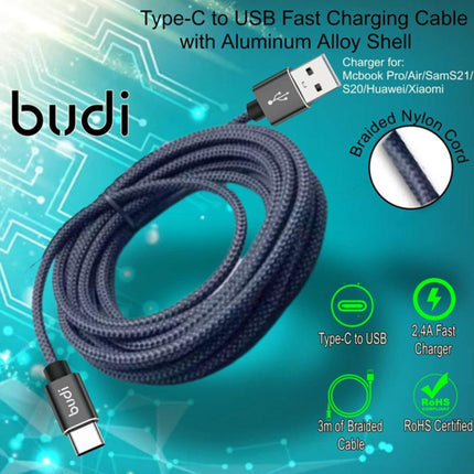 Budi Cable 2.4A Budi 3M Aluminum Shell Braided Cable USB To C DC206T30B