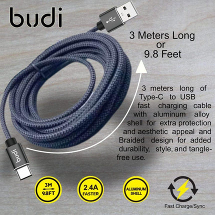 Budi Cable 2.4A Budi 3M Aluminum Shell Braided Cable USB To C DC206T30B