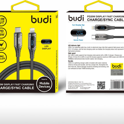 Budi PD 27W USB-C to Lightning Cable 1.5m led display