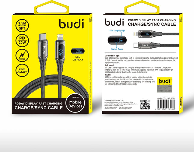 Budi PD 27W USB-C to Lightning Cable 1.5m led display