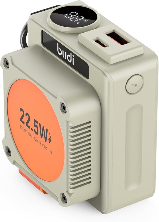Budi PB815H 10000mAh 22.5W Power Bank with Built-in 56cm Retractable Type-C Cable – PD + QC3.0 Fast Charging