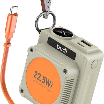 Budi PB815H 10000mAh 22.5W Power Bank with Built-in 56cm Retractable Type-C Cable – PD + QC3.0 Fast Charging