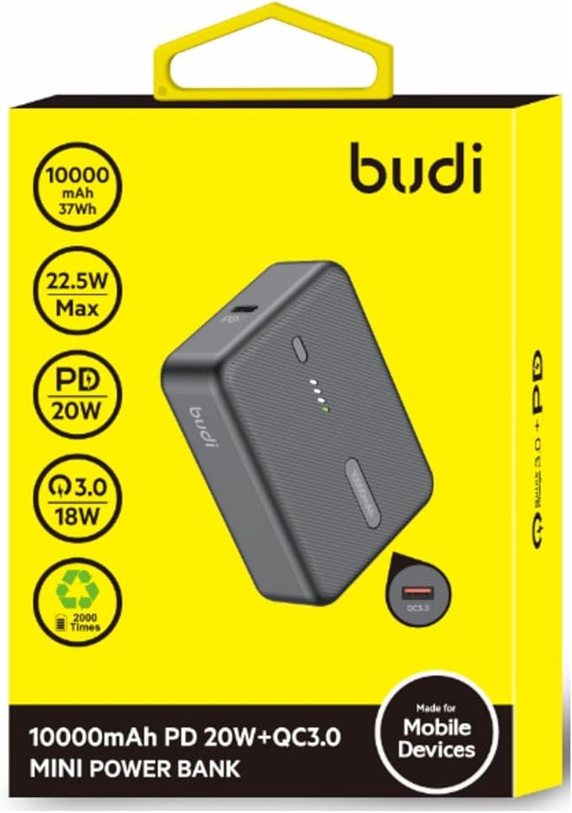 Budi 10000mAh Mini Power Bank – 20W PD + QC3.0 Fast Charging, Compact & Lightweight PB097B