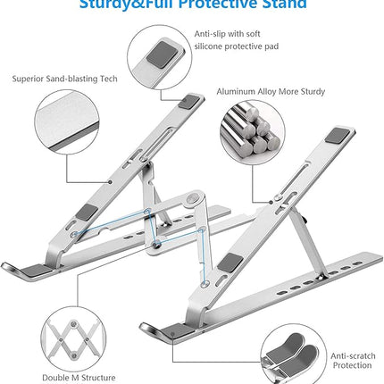 Aluminum Adjustable Laptop Stand – Portable Foldable Desk Riser for MacBook, HP, Lenovo, Dell & Tablets 10"-15.6" (Silver)