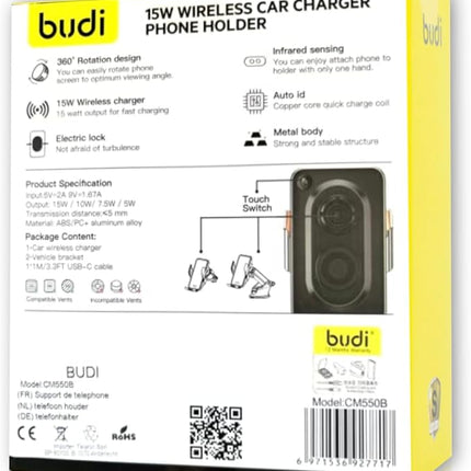 Budi 15W Wireless Car Charger Phone Holder CM550B