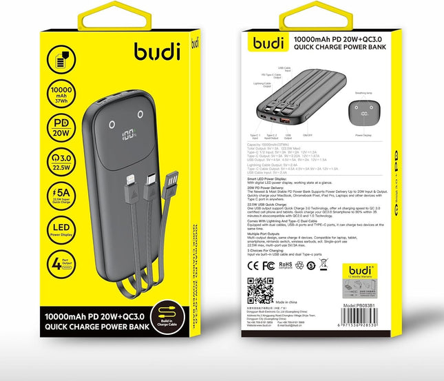 Budi Power Bank	10000mAh PD 20W+QC3.0 Quick Charge Power Bank