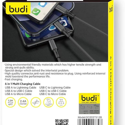 Budi Cable 6 in 1 Multi Charger Cable 1.2m DC203T512B