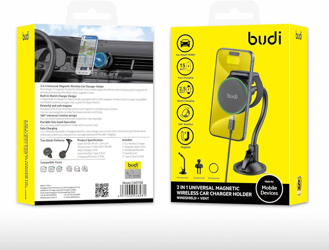 Budi 2 in 1 Universal Magnetic Wireless Car Charger Holder CM570B