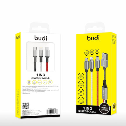 C, Micro USB, and Lightning Cables Fast Charging Braided 3in1 Braided Charging Cable with USB for Apple & Android Car Chargers, 1 Meter