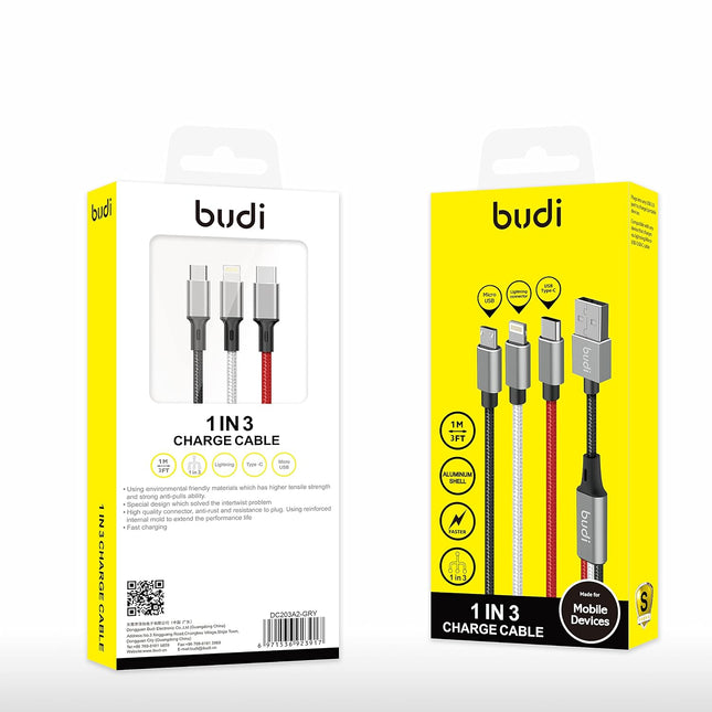 C, Micro USB, and Lightning Cables Fast Charging Braided 3in1 Braided Charging Cable with USB for Apple & Android Car Chargers, 1 Meter