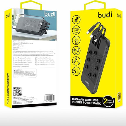 Budi 10000mAh Wireless Power Bank with 3 Built-in Cables, Dual Inputs, Suction Cups & Phone Stand