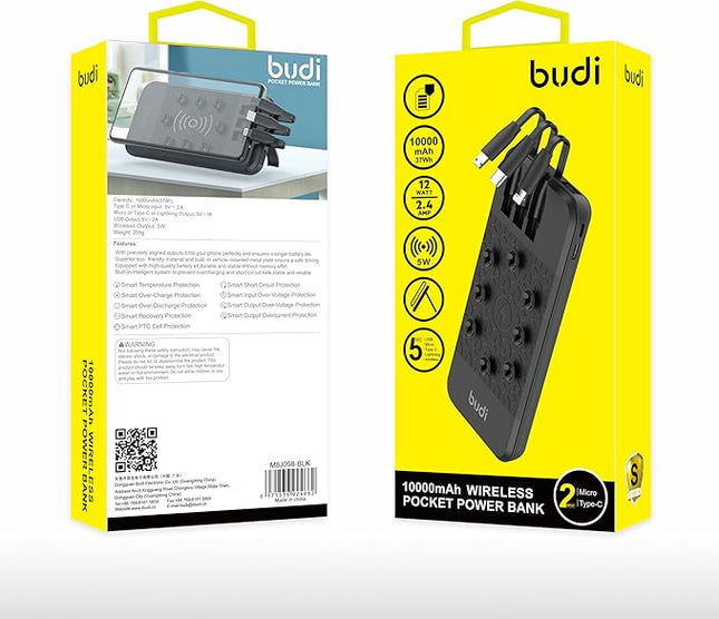 Budi 10000mAh Wireless Power Bank with 3 Built-in Cables, Dual Inputs, Suction Cups & Phone Stand