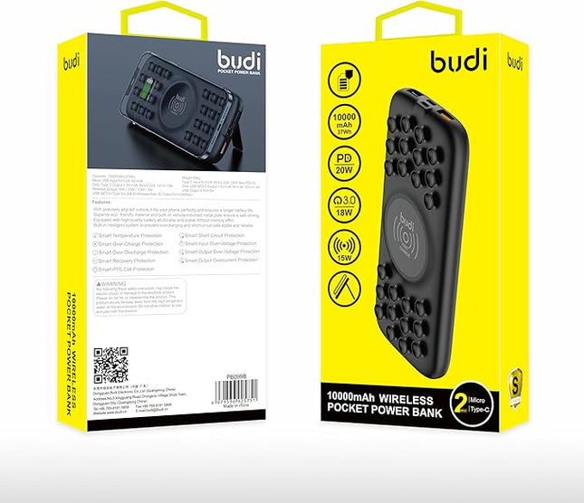 Budi PB099B 10000mAh Wireless Pocket Power Bank – Fast Charging, Compact & Lightweight Design