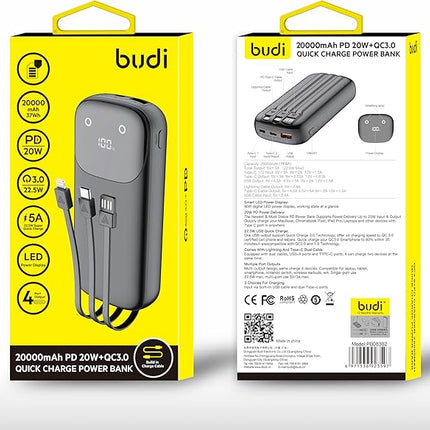 Budi PB083B2 20000mAh Power Bank – 20W PD + QC3.0 Fast Charging, 4-Port Portable Charger