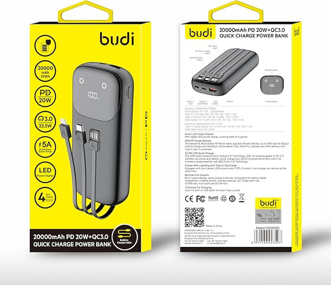 Budi PB083B2 20000mAh Power Bank – 20W PD + QC3.0 Fast Charging, 4-Port Portable Charger