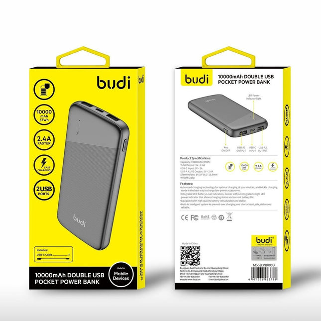 Budi PB090B 10000mAh Power Bank – Dual USB Fast Charging, Portable & Compact