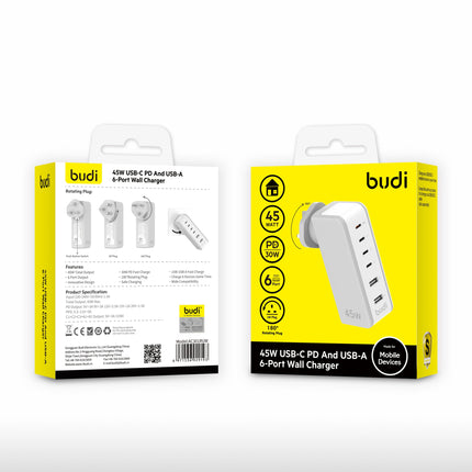 Budi Plugs 45W 6 Port PD Wall Charger AC301RUW