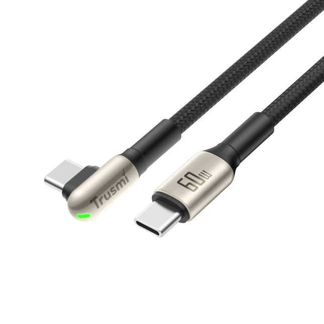 60W USB-C to USB-C Angled LED Zinc Alloy Braided Cable TRUSMI CA49-11 –– 1m – Black