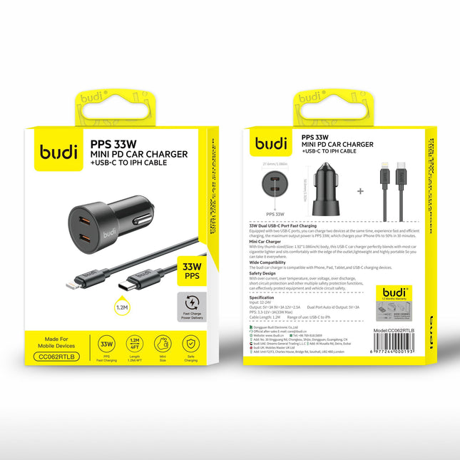 Budi Dual T.C Car Charger + C to L Cable PPS33W CC062RTLB