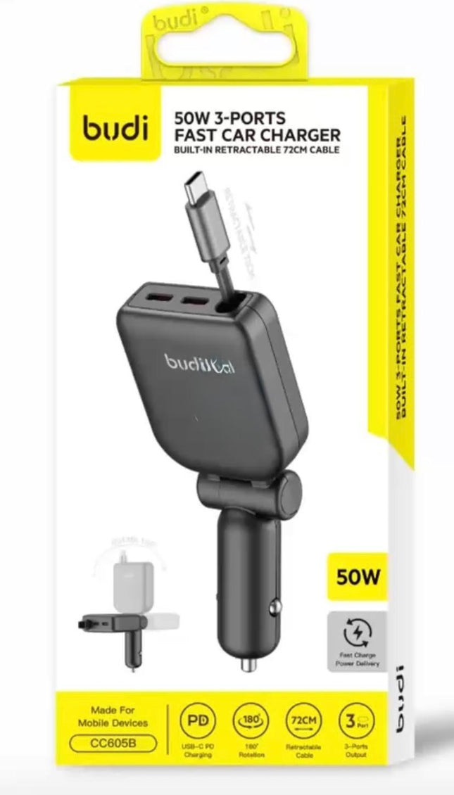 Budi 50W 3-Port Fast Car Charger With C Cable CC605B