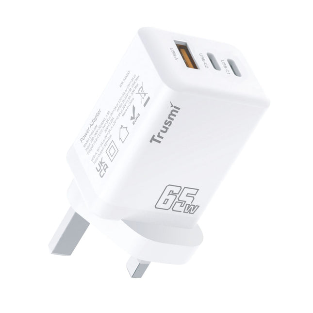 TRUSMI PD65W GaN Fast Charger CH03-044 – 1 USB-A + 2 USB-C Multi-Port Wall Adapter – High-Speed Charging for Laptop, Tablet